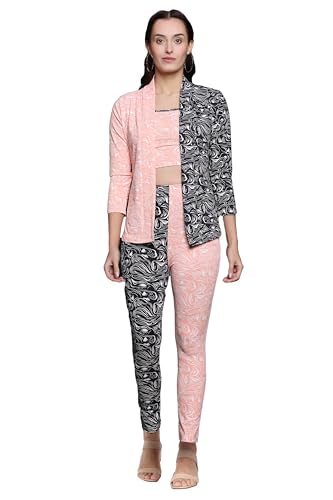 JM Women's Abstract Print Casual Co-ord Set |Office Wear|Causal wear| Womens 3 Piece Set for Women/Girls (S, Peach-Black)