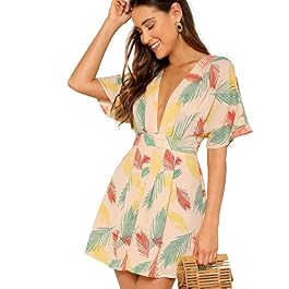 Floerns Women’s Tropical Floral Plunging V Neck Tie Open Back Summer Short Dress