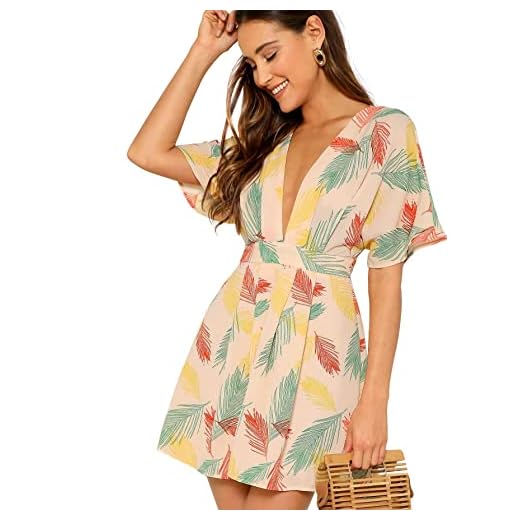 Floerns Women's Tropical Floral Plunging V Neck Tie Open Back Summer Short Dress Multicolor L