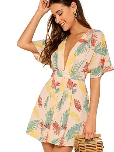 Floerns Women's Tropical Floral Plunging V Neck Tie Open Back Summer Short Dress