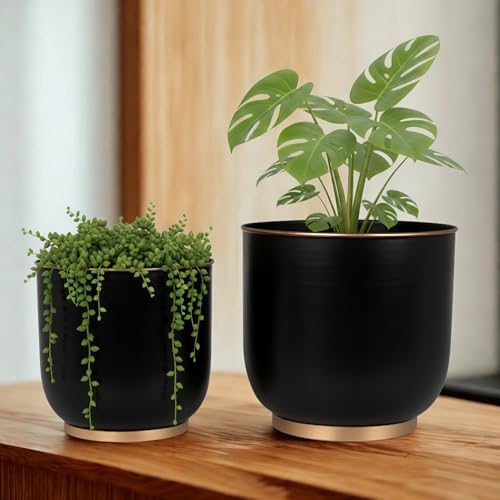 Image of Metal Planters Set of 2 Black (28 cm & 23 cm) with Drain Hole | Large Indoor Plant Pots for Living Room Balcony Office | Modern Decorative Metal Planters for Home Decor