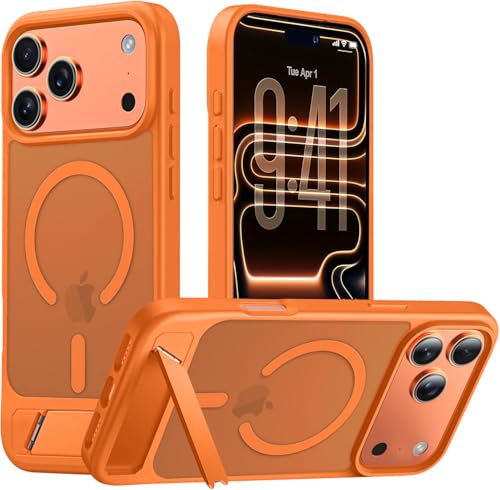Image of Elzzi Translucent Matte Kickstand Compatible with Mag-Safe Case for iPhone 17 Pro Max, Built-in Adjustable Camera Stand, Magnetic Mag-Safe Shockproof Phone Cover (Coral)