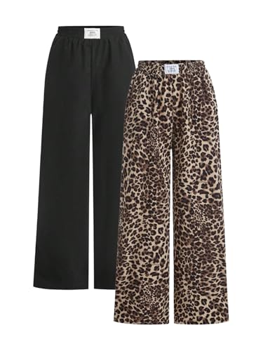 GORGLITTER Women's Leopard Wide Leg Pants 2 Piece Y2K Animal Print Baggy Animal Print Sweatpants Trousers Casual Outfits