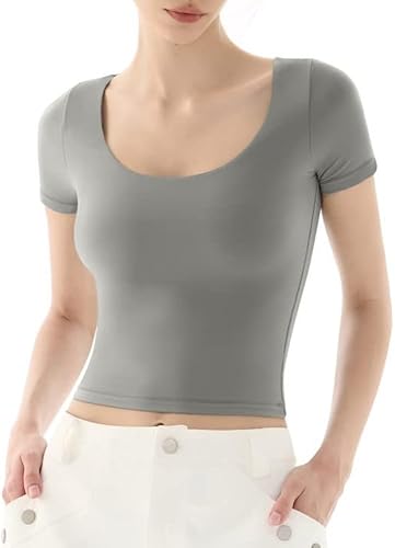 PUMIEY Camiseta de manga corta con cuello redondo para mujer, ajustada, sexy, colección Smoke Cloud