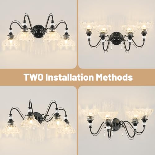 Image of Black Bathroom Vanity Light, 4-Light Matte Black Finish Farmhouse Wall Sconce with Hanging Crystal Accents and Flower-Shaped Clear Glass Shades, Retro Wall Mount Vanity Light Over Mirror for Bathroom