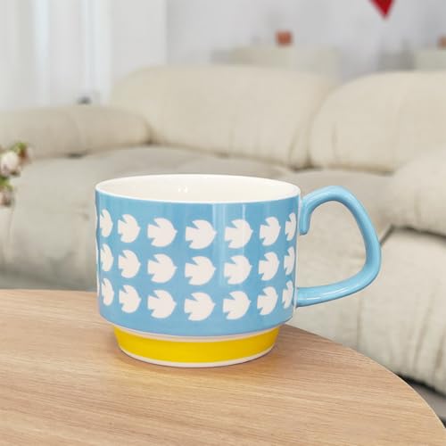 Image of Spooky Japanese Retro Ceramic Coffee Mug - 300ml Printed Stackable Cup with Handle - Hanging Design for Milk, Tea & Espresso - Ideal Gift for Couples, Home or Cafe (Blue and White - Bird)