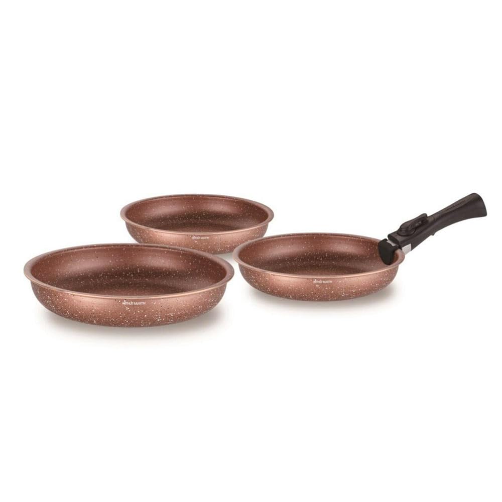 SHOP-STORY Set de 3 Poêles Arthur Martin en Aluminium avec Poignée Amovible - 20, 24, 28 cm - Tous Feux Dont Induction - Revêtement Anti Adhérent