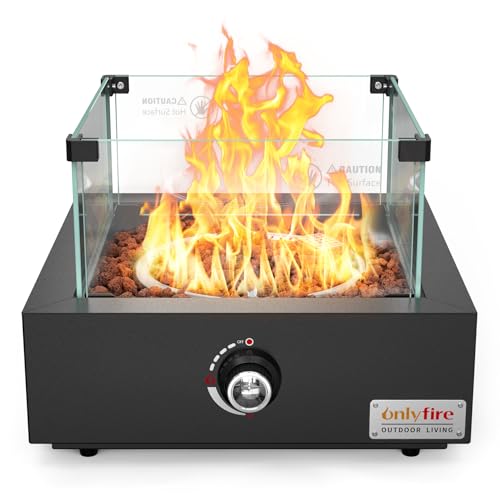 Onlyfire Fogata de gas de mesa, mesa de fuego cuadrada para exteriores con protección contra el viento de cristal, piedra de lava y entrada de aire trasera, fuego de mesa multifuncional para