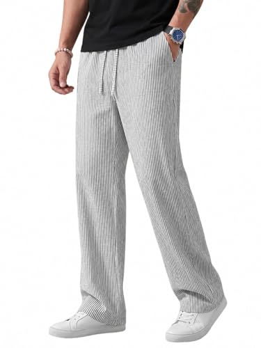 Image of Men's Casual Striped Trouser | Relaxed Fit Drawstring Pants for Men | Elastic Waist Straight Fit Lounge Trousers | Lightweight Summer Cotton Bottoms | Comfortable Daily, Beach, Travel Pants