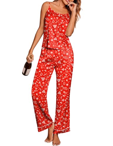 Image of Ekouaer Silk Pajamas for Women Set Tank Top Pj Sets 2 Piece Lounge Set | Satin Womens Pajama Sets Sexy Sleeveless Loungewear Long Pants Sleepwear Soft Cami Pjs Sets with Pocket S-XXL