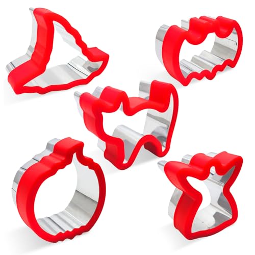 Halloween Cookie Cutters Set - 5 Piece Stainless Steel Biscuit Cutters with Protective Silicone Edge, Pumpkin, Bat, Witch Hat, Ghost and Cat Shapes for Baking, Sandwich Cutter, Halloween Party Decor