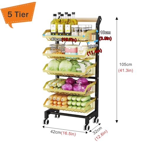 Carrito móvil de cocina con 5 capas de canasta de boca biselada para frutas 3