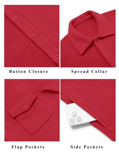 COOFANDY Mens Shirt Jacket Long Sleeve Polar Fleece Shacket Casual Button Down Shirts with Pockets Red