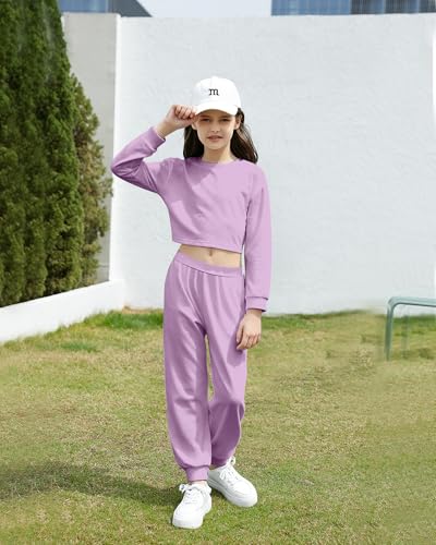 Image of Betusline Girls 2 Piece Outfits Girls Cropped Sweatsuit Pants Outfit Clothes Set, 4T-14 Years