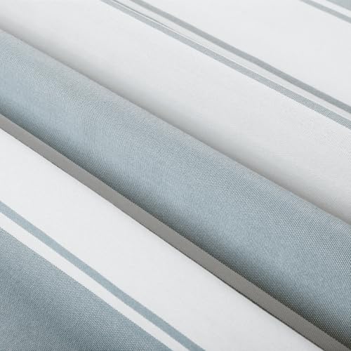 Image of TWOPAGES Pinch Pleat Cafe Curtains 18 Inch Long Wide Stripe Light Filtering Farmhouse Half Window Curtains for Bathroom (Blue Bordered Wide Bar, 26W x 18L Inches, Set of 2)