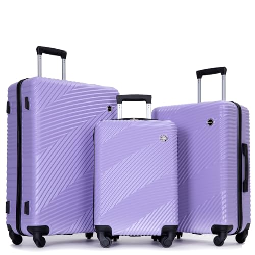 Kaimei 3 Piece Lightweight Suitcase Set with Spinner Wheels, PC+ABS Durable Luggage, 20/24/28 inch, Light Purple
