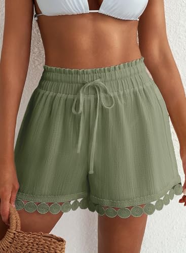 Image of Dokotoo Womens Shorts Summer Casual Loose Elastic Waist Drawstring Lace Boho Beach Cover Up Shorts
