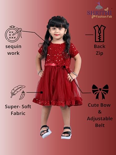 Image of Charming Girls' Kids Velvet & Net Frock with Knee-Length Short Sleeve A-line Round Neck Fit and Flare and Back Zipper Closure|Kids Dress for Baby Girls Birthday Outfit