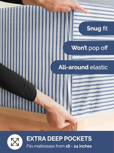 Image of Extra Deep Queen Fitted Sheet - Single Fitted Sheet Only - Blue Stripes | Easily Fits 18 inch to 24 inch Mattress, Soft, Wrinkle Free, Breathable & Comfy, Extra Deep Pockets Hotel Luxury Fitted Sheet