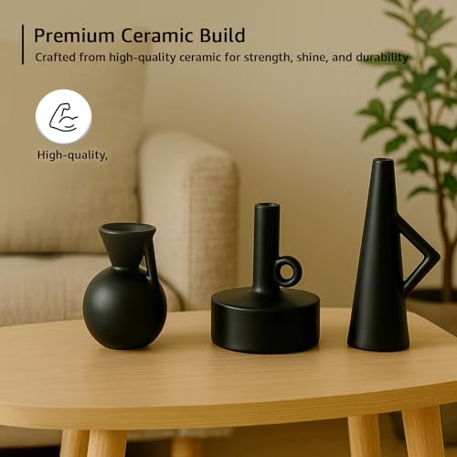 Image of Amazon Basics Sleek Abstract Table Decor Trio | A Modern Blend of Art & Elegance | Elevate Your Space with Contemporary Charm Pack of 3, Black, Ceramic