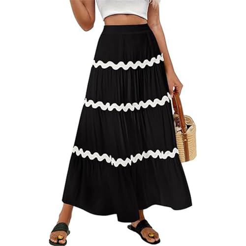 Womens RIC Rac Flowy Boho Maxi Skirts Elastic High Waist Wave Tiered A Line Long Beach Skirts