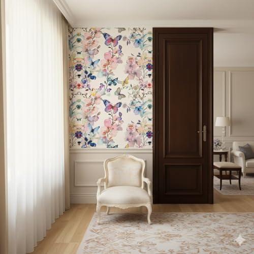 Image of Butterfly Floral Theme Wallpaper | Removable Peel and Stick Wall Decor for Bedroom, Living Room and Kids' Room | Vibrant Flowers and Butterflies Design, Easy DIY Home Decor (45 x 300 cm)