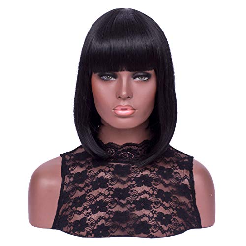 Qaccf Shoulder Length Short Straight Yaki Synthetic Women Bob Full Bang Wig (Black)