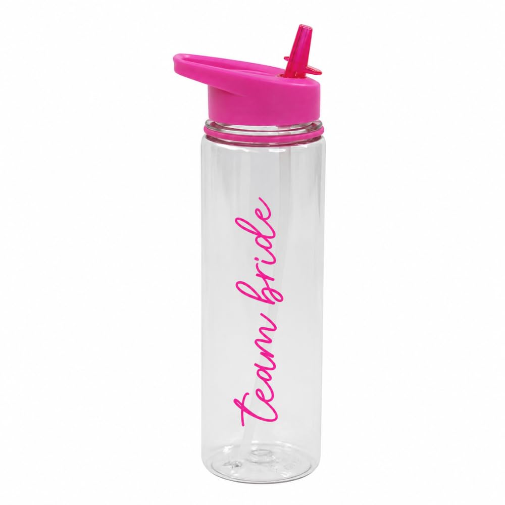 eBuyGB Pink Team Bride Water Bottle 725ml, Hen Party Drink Bottle with Straw Lid, Bridal Shower, Hen Do Favours, Bridesmaid Gifts & Party Bag Fillers
