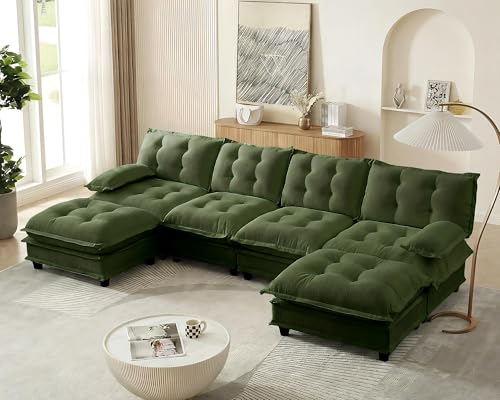 Image of 139 inch Sectional Sleeper Sofa with Ottoman, U Shaped Modular Deep Seat Couches for Living Room Apartment, Flexible Module Combination Cloud Sofa with Spring Support, Easy Assembly, Dark Green