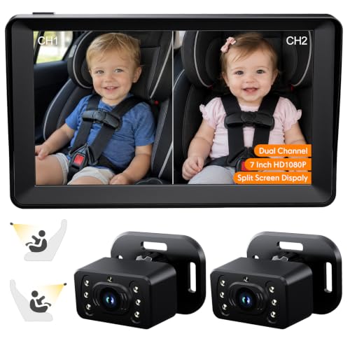 Image of Kidsneed Baby Car Camera for 2 Kids - 7 inch Split Screen Baby Monitor for Car | Dual backseat cameras with 150 wide view and 360 rotation. Clear night vision infant car seat mirror camera