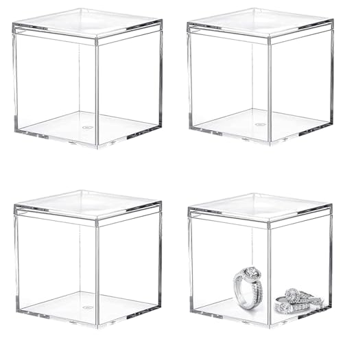 Small Acrylic Box 4 Packs Clear Boxes with Lid Acrylic Square Cube for Display Jewelry Storage Boxes Party Decorative Box