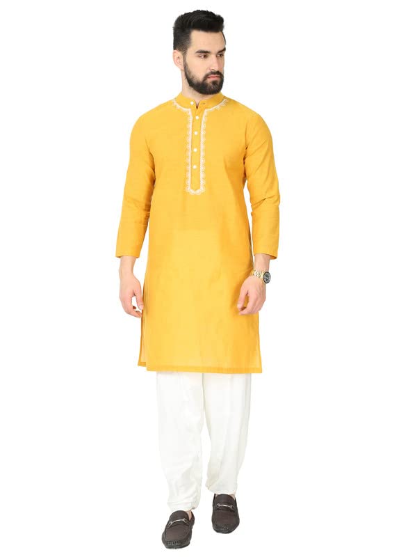 GLORYBOYZ Men's Cotton Kurta Regular Fit Long Sleeves Knee Length | Mandarin Coller | Stylish Neck Garland Embroidery Kurta |Comfortable for Boys Casual Indian Wear Mustard M