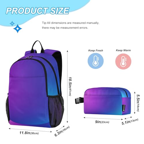 GAIGEO Gradient Purple Blue Child Backpack with Stretch Pockets, Backpack and Lunch Box Set, Middle School Backpack, Kids Bookbag Boys2
