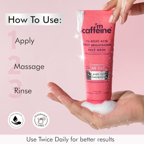 Image of mCaffeine CLEAR GLOW 1% Kojic Acid Daily Brightening Face Wash with Glutathione For Dark Spots & Pigmentation |Brightens Skin |Face Wash For Men & Women | Non-Drying, Fragrance Free - 100ml