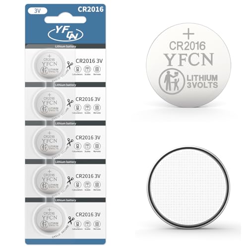 YFCN CR2016 Battery 3V Lithium Battery 5 Count Pack CR2016 Batteries - CR 2016 Coin Cell Batteries for Watch, Key Fob, Remotes - 5 Years Shelf Life