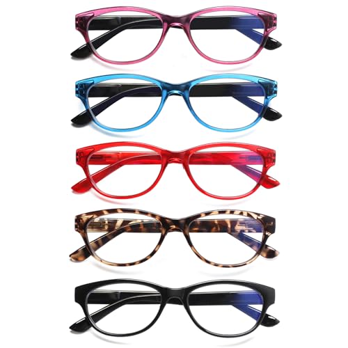 SIGVAN Ladies Cat Eye Reading Glasses 5 Pairs Blue Light Blocking Spring Hinge Fashion Pattern Print Readers for Women (colorful 2, 0.50)