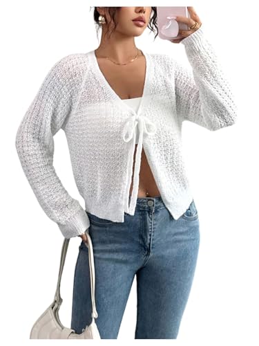 SOLY HUX Women's Tie Front V Neck Cardigan Lightweight Long Sleeve Split Hem Outerwear