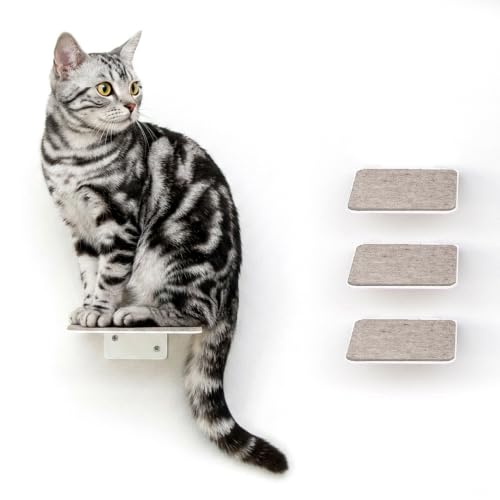 LucyBalu Steps Katzentreppe mit Filzauflage I Wandstufen aus Metall 3er Set 18 x 18 cm I Katzenleiter für Wand I Filigrane Optik I für Katzen bis 7 kg I Weiß/Sand