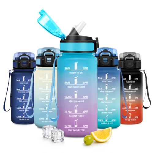 JAPORIA Botella Agua 500ml, Botella de Agua con Pajita, Cantimplora con Marcador de Tiempo, Reutilizable, sin BPA, a Prueba de Fugas, para Escuela, Oficina, Exterior