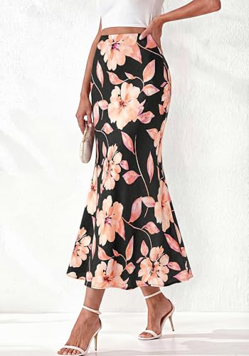 BTFBM Midi Skirts for Women 2026 Summer Spring Lightweight A Line High Waisted Wedding Guest Party Silk Long Skirt(Floral Black Pink, Medium) — view 6