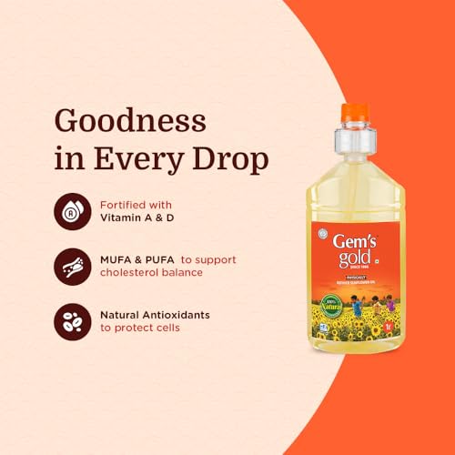 Image of Gem's Gold physically refined sunflower Cold Pressed Cooking Oil 1 Litre | Smart Bottle | Chemical Free, Kacchi Ghani, Chekku | Physically Refined Sunflower Oil