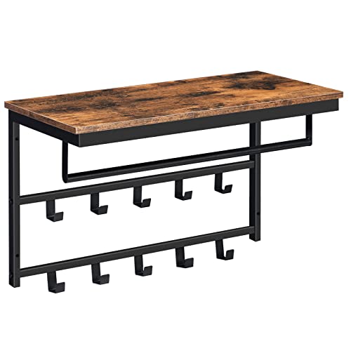 HOOBRO Wandgarderobe mit Ablage, Wandregal mit 10 Haken und Stangen, Wandmontiertes Hängeregal, 60 x 30 x 42 cm, für Flur, Wohnzimmer, Schlafzimmer, Badezimmer, Industriestil EBF60YM01