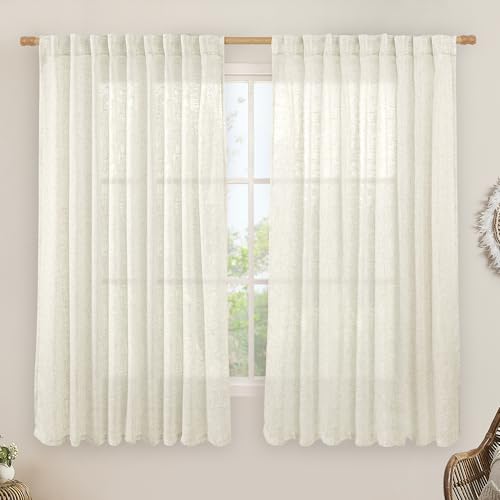 LAMIT Light Filtering Natural Linen Curtains 63 inches Long, Ivory Cream Linen Textured Semi Sheer Back Tab and Rod Pocket Boho Drapes for Bedroom/Living Room, 2 Panels, 70 x 63 Inch