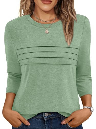 AUTOMET Women's 3/4 Length Sleeve Tops Crew Neck Casual Tunics Dressy Pleated T Shirts Summer Blouses 2025