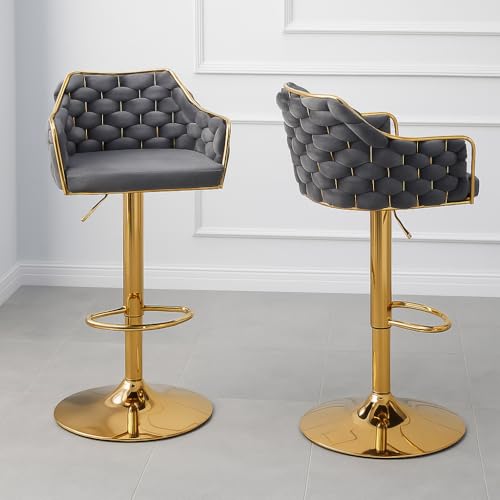 Image of Creative Grey Velvet Height Adjustable Revolving Bar Stool Add Elegance to Your Kitchen or bar with This Premium Chair Featuring Golden Base, and 360 Smooth Swivel Comfort. (Grey) (Pack of 2)