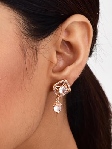 Image of Nilu's Collection 18k Rose Gold Plated Clip On Hoop Earrings, Stylish Women Earrings, Fancy Zircon Copper Bali Earrings for Women and Girls (Drop design)