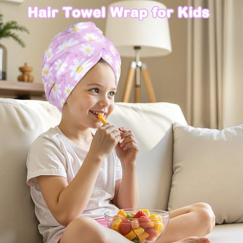 Image of FIOBEE Microfiber Hair Towel Wrap for Kid Girls Rapid Drying Hair Turbans | Absorbent & Soft Hair Wrap Towel, Easy Wear On With Button, For Girls Women Long Curly Hair, Turbie Twist Hair Towels