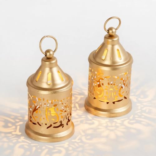 Image of Nutech Decor Hanging Metal Candle & Tealight Holder Lantern Set with LED Candle- Decorative Golden Vintage Lanterns for Home, Living Room, Dining Table, Balcony, Garden & Festival Gifting (Pack of 2)