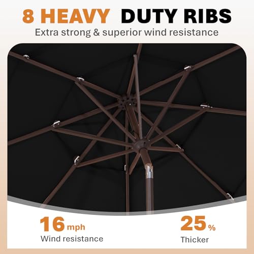 Image of JEAREY 9FT 3 Tier Patio Umbrella Outdoor Market Umbrella Table Umbrellas with 8 Ribs 1.5 Pole Push Button Tilt and Crank UV Protection for Garden,Black