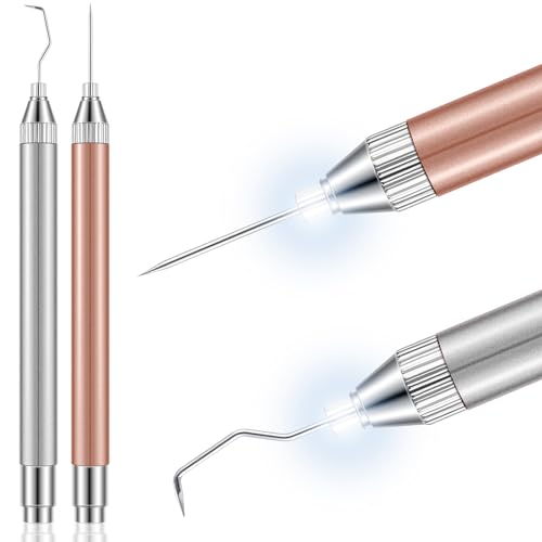 Therwen 2 Pcs LED Weeding Tools for Vinyl with Light Pin Hook Lighted Weeding Pen for Removing Iron on Tiny Vinyl Paper Silhouette Cutting Machines Supply(Rose Gold Silver)